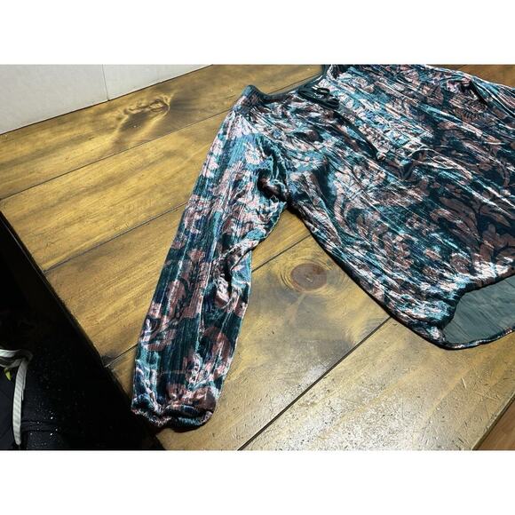 Anthropologie Faustine Velvet Peasant Blouse Medium Green Pink Oversized Boho - Picture 7 of 13